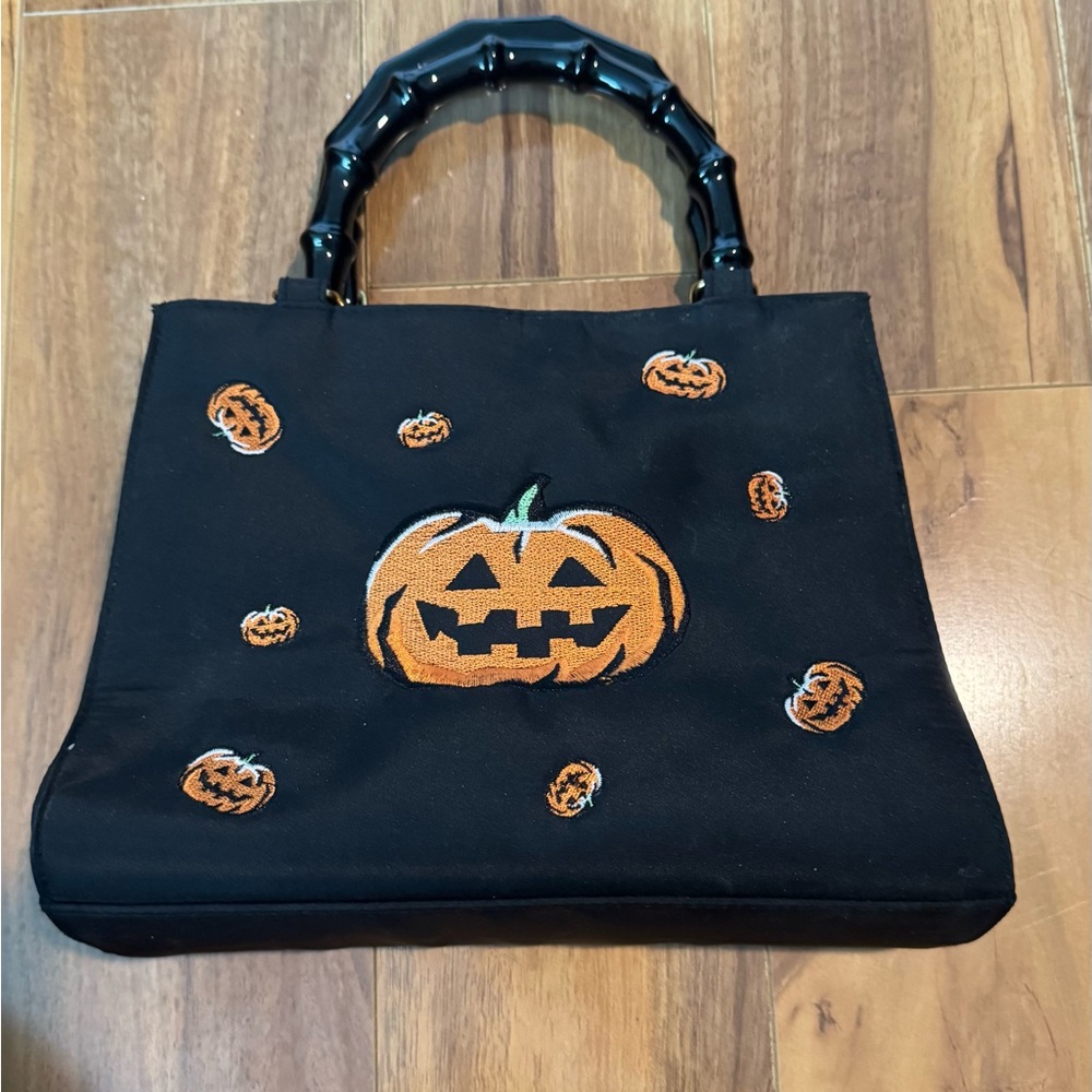 Vintage Madison Studio Halloween Purse Jack O Lantern Bamboo Handles